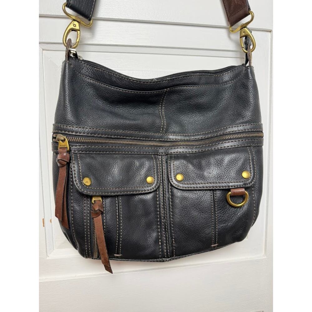 Fossil Hobo Morgan Traveler Bag Wide Strap Crossbody Pebbled Black Leather Bag - Picture 3 of 14